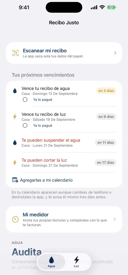 Pantalla de Recibo Justo comparando el cobro contra la tarifa publicada