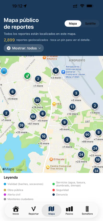 Pantalla de la app Vigía Conurbada mostrando el mapa público de reportes