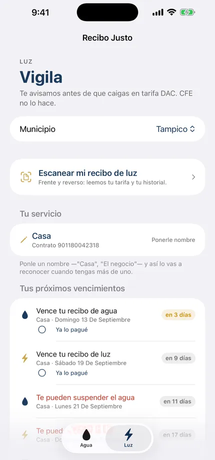 Pantalla de Recibo Justo vigilando el consumo de luz frente al umbral DAC