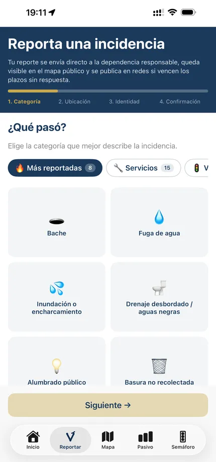 Pantalla de la app Vigía Conurbada: elegir categoría de un nuevo reporte