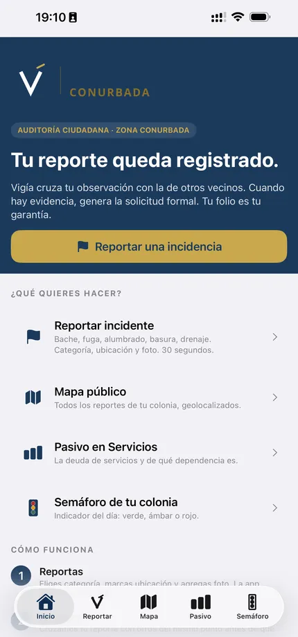 Pantalla de la app Vigía Conurbada: Vigía Conurbada
